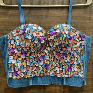 Sz L rhinestone denim crop top with removable straps